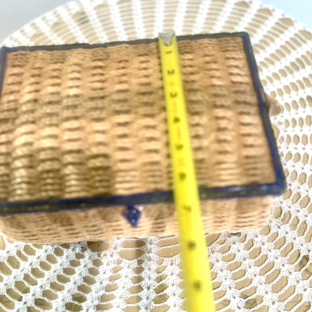 Vintage Wicker & Blue Sewing Basket with Light Blue Satin Lining Cottagecore
